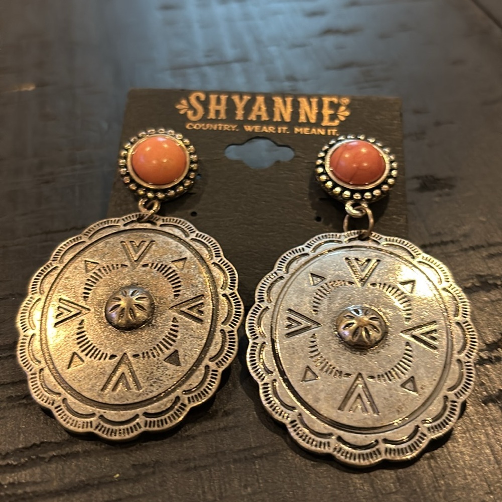 Shyanne Coral Pink Stone Silver-Tone Western Medallion Drop Earrings - Picture 2 of 4